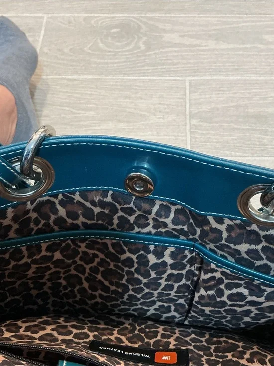 Wilsons Leather Blue/Green Satchel Tote with Double Rolled Handles - Picture 5 of 7